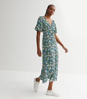 New Look Tall Blue Floral Ruched Tie Front Puff Sleeve Midi Dress